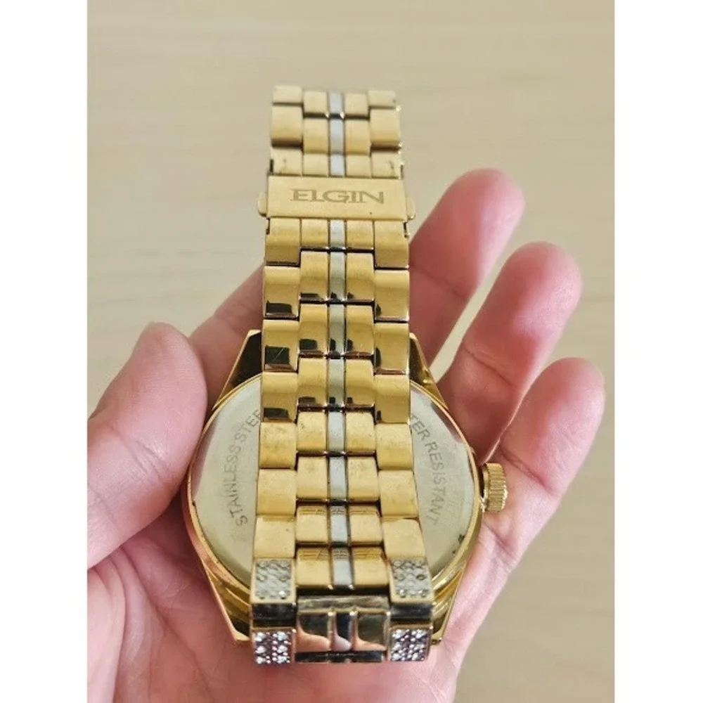 Elgin Men Gold Tone Crystal Watch and Bracelet Set Stainless Steel Analog